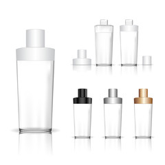 Cosmetic transparent bottle. Liquid container for gel, lotion, cream, shampoo, bath foam. Beauty product package. Vector illustration.