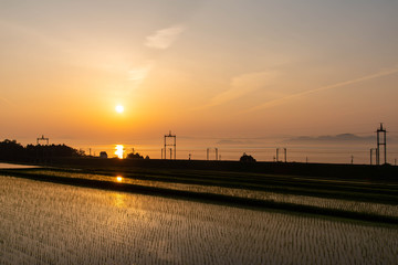 オレンジ色の日の出と水田と琵琶湖と線路