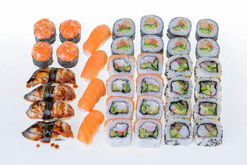 Japanese great sushi and roll set on a white background