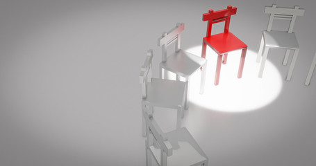 3d rendering - White chairs in a circle with a red front chair for group meet