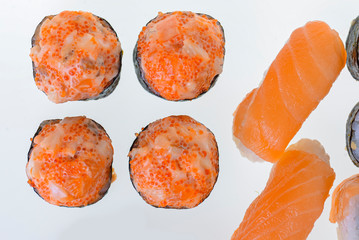 Japanese great sushi and roll set on a white background