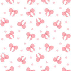 Seamless pattern with pink ribbon bow and heart. Vector illustration.