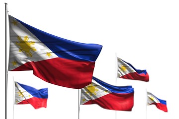 pretty memorial day flag 3d illustration. - five flags of Philippines are wave isolated on white - picture with bokeh