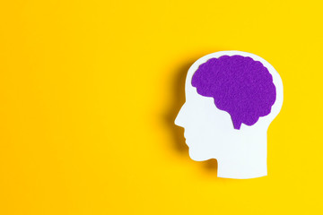Head silhouette with a purple brain on yellow background.
