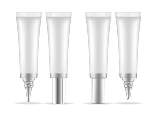 Cosmetic plastic tube isolated on white background. Skin care bottles for gel, liquid, lotion, cream. Beauty product package. Vector illustration.