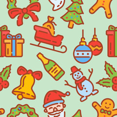 Seamless pattern with Christmas elements on green background. Vector texture.