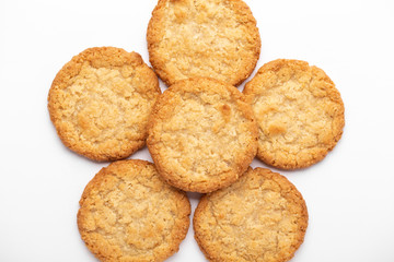 Oatmeal cookies on a white background, food