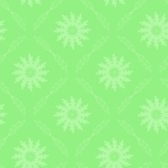 Vector seamless background, symmetrical light pattern with oak leaves mandalas on muted green backdrop. Beautyful retro tile for wrapping and decoration in old wallpapers style.