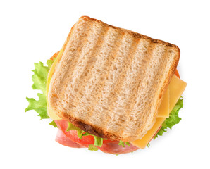 Tasty sandwich with ham isolated on white, top view