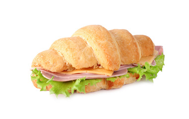 Tasty croissant sandwich with ham isolated on white