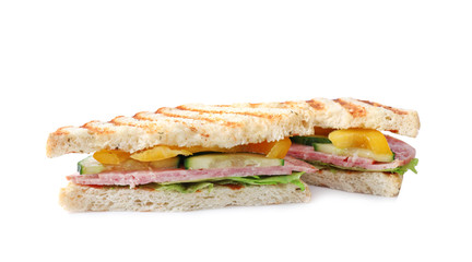 Tasty sandwich with ham on white background