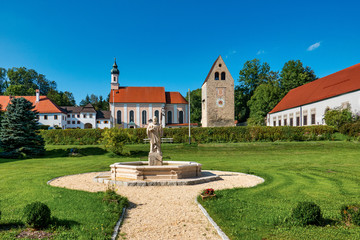 Wessobrunn Abbey, a Benedictine monastery near Weilheim in Bavaria, Germany - obrazy, fototapety, plakaty