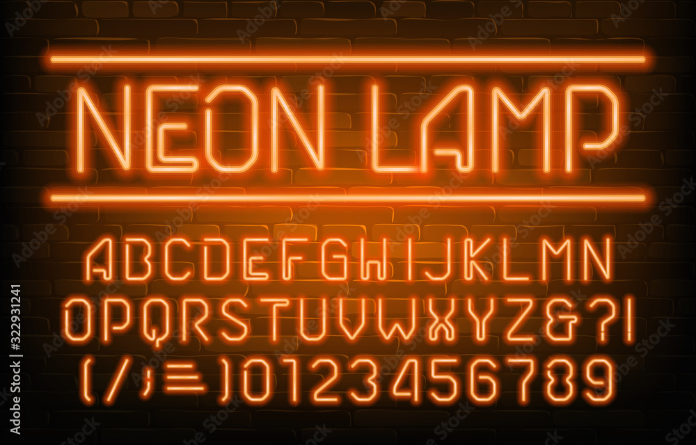Fototapete neon lamp alphabet font. orange neon light letters, numbers and symbols. brick wall background. stoc