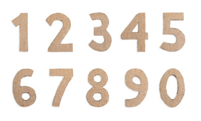 Collage with numbers made of cardboard on white background