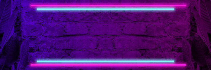 Lighting Effect frame pink and blue neon on brick wall for background party or your text.Green...