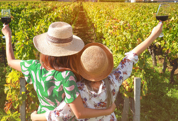 Back view of young women friends drinking red wine,which happy moment in vineyard in summer