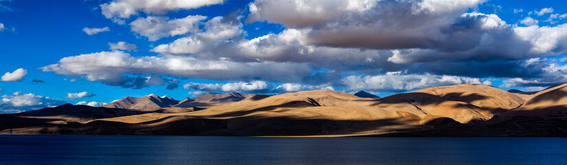 Panorama of Himalayan lake Tso Moriri. Ladakh, India