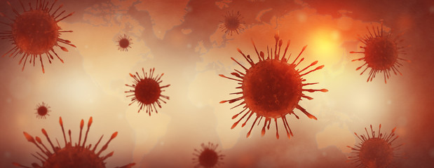 Biology and science. Virus or bacteria cells. Global alert. Epidemic. 3D render illustration. World map.