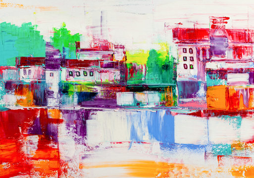 Abstract painting of city buildings