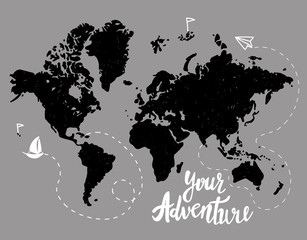 Your adventure. Drawing by hand, children's drawing. World map, geographical map. Airplane, ship, route. . Poster, postcard, print on the T-shirt. Monochrome pattern in vintage style.