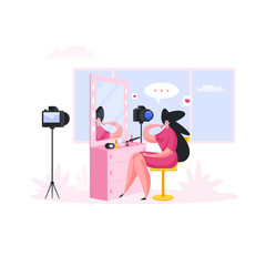 Woman shooting video for beauty blog. Flat cartoon people vector illustration