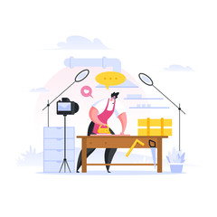 Carpenter shooting tutorial video for blog. Flat cartoon people vector illustration