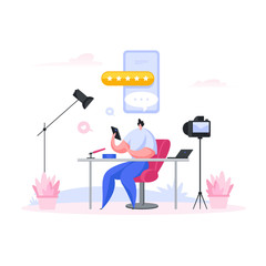 Male blogger reviewing devices and apps. Flat cartoon people vector illustration