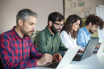 Obraz premium Concentrated developers working with laptops. Young people sitting in row and typing on laptops. Technology concept