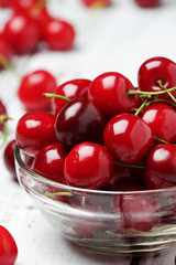 A small glass bowl with ripe fresh cherry	