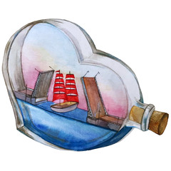 watercolor illustration of a ship in a bottle