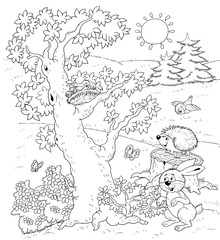 Four seasons. Summer. Cute hare and hedgehog in the forest. Coloring page. Coloring book. Cute and funny cartoon characters
