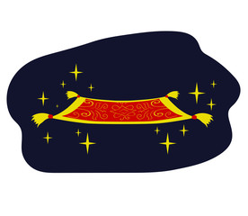 Magic flying carpet and stars on a blue background. Cartoon. Vector illustration.