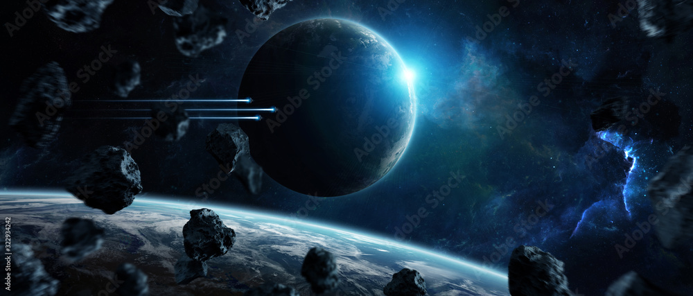 Poster Distant planet system in space with exoplanets 3D rendering elements of this image furnished by NASA