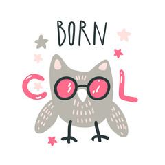 Cute baby owl with pink glasses. Hand drawn vector illustration. For kid's or baby's shirt design, fashion print design, graphic, t-shirt, kids wear.