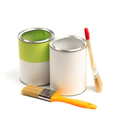 Cans with color paint with brushes  isolated on white background