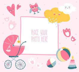 Pink baby photo frame with cloud, hearts, toys and dots. Scandinavian style.