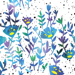 Stylish seamless pattern with flowers . Vector freehand drawing with drops of watercolor paint. Children , simple background in Scandinavian style.
