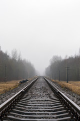 Fototapeta premium Railroad track going far in the cold mist