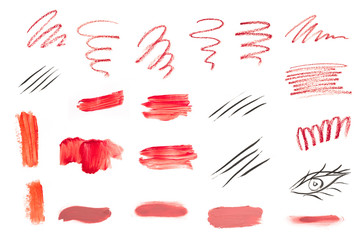 Big set of makeup tools texture. Lipstick, eye brows pencil and shadows.  - Image
