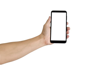 Male hand holding black smartphone with blank screen, isolated on white background.