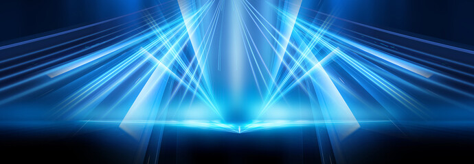 Abstract blue furutic background. Rays and lines, symmetrical reflection, blue neon. Abstract empty scene with beams and light of spotlights.