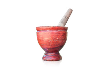 Old wooden mortar isolated on white background with clipping path.
