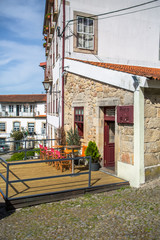 View at a classic traditional urban buildings on Viseu city Downtown, Portugal