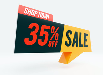 35% Sale, Shop Now text words on glossy bubble 3D render