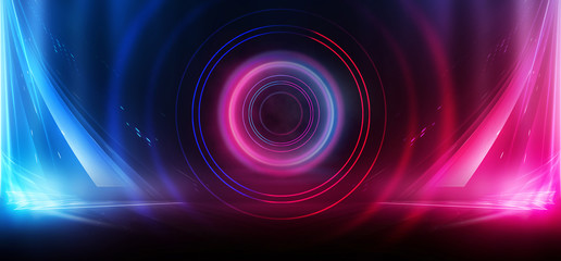 Background of empty show scene. Empty dark modern abstract neon background. Glow of neon lights on an empty stage, diodes, rays and lines. Lights of the night city.