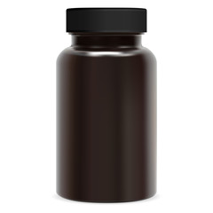 Brown supplement bottle. Plastic pill package. Pharmaceutical tablet or capsule jar isolated on white. Medical container template. Glossy packaging for pharmacy health care product
