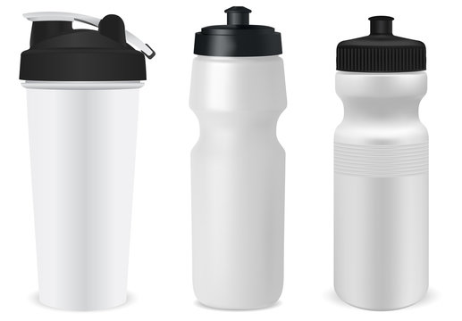 Plastc sport bottle. Reusable water flask illustration. Protein powder fitness canister template set. Realistic bicycle vessel blank with black cap. Gym product container