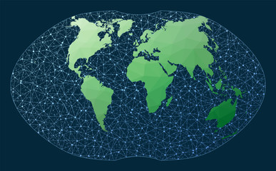 Communications map of the world. Ginzburg 4 projection. Green low poly world map with network background. Classy connections map for infographics or presentation. Vector illustration.