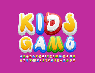 Vector colorful sign Kids Games with handwritten Font. Bright creative Alphabet Letters and Numbers