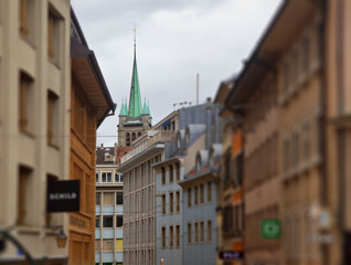 Winter evening in Lausanne. Switzerland.View from the Street on the tower of St-Francois Church.